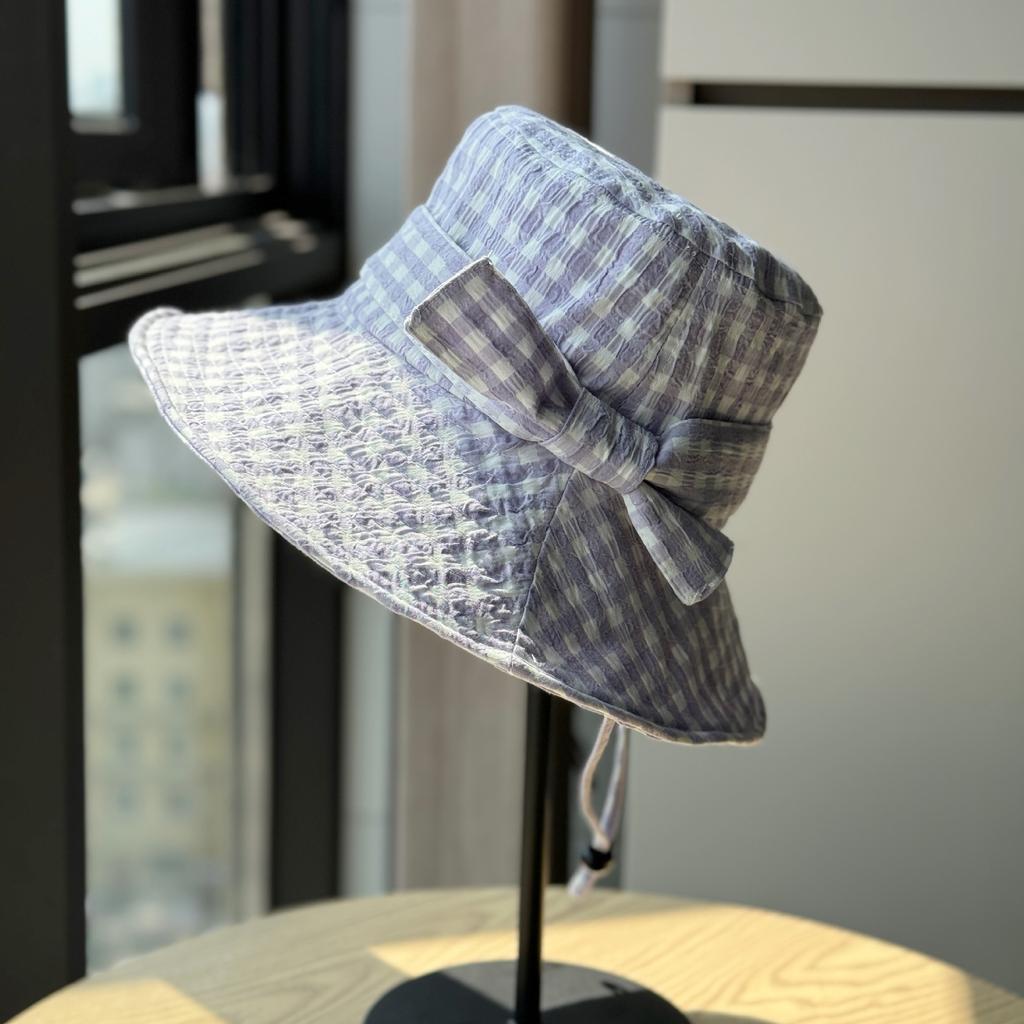 New Korean-style plaid fisherman hat for women, spring and summer, large brim, makes the face look smaller, floral pattern, sun protection hat