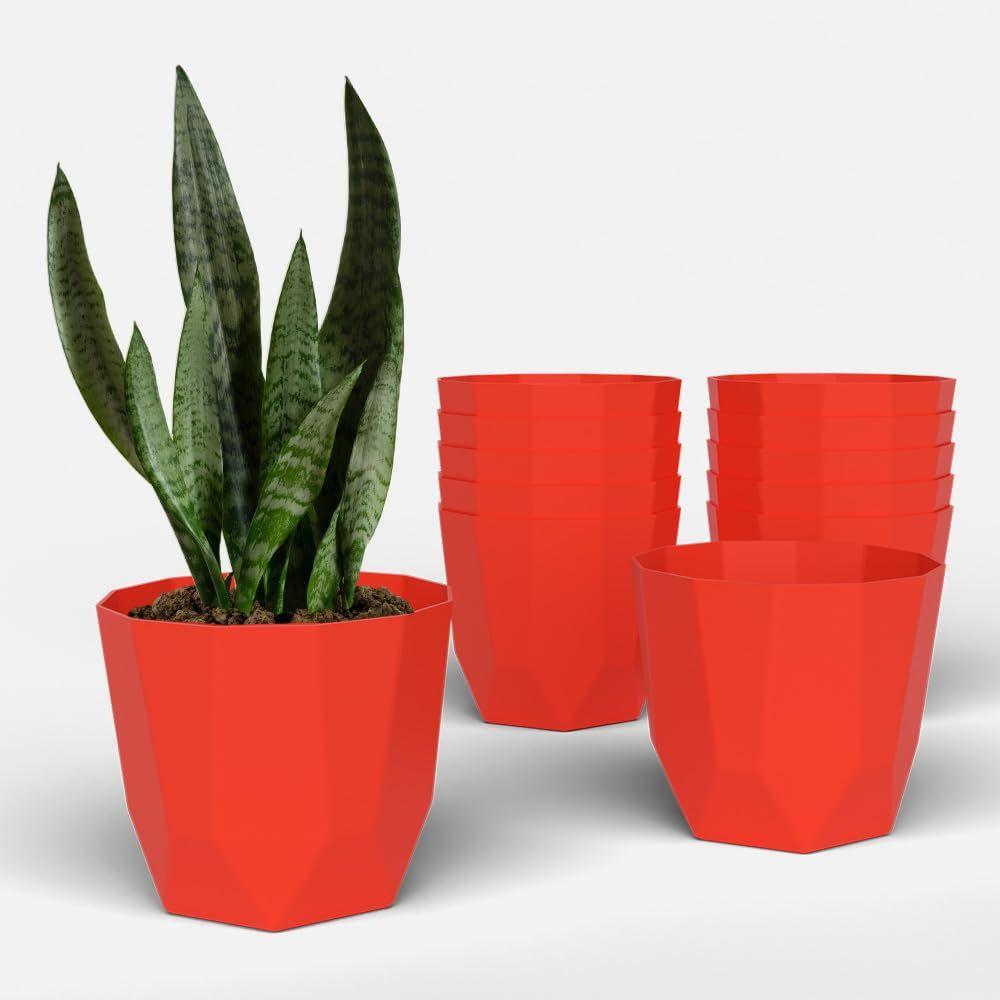 Hexa 8 Inch Pack of 12 Piece Plastic Plant Pot for Home Decor Indoor Plant Pots for Living Room Plastic Flower Pot for Garden (Red)