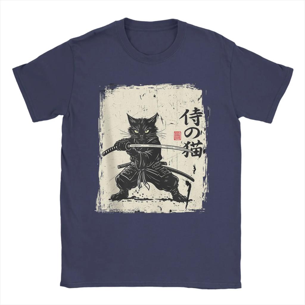 Vintage Anime Cat Japanese Art Funny Samurai Cat T Shirts Men's Cotton Vintage T-Shirt Round Neck Tees Short Sleeve Tops 5XL 6XL