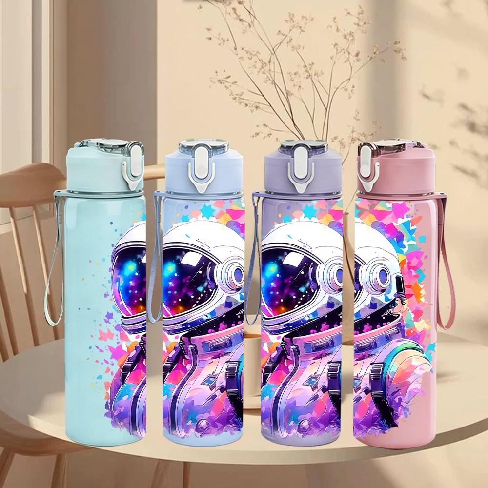 1PC Space Astronaut Galaxy Color Print 750ml Color Plastic Sports Water Bottle Leakproof Flip Straw Lid Suitable for Sports Office Home Use