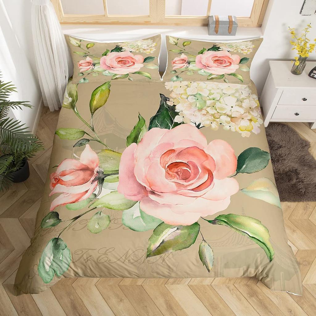 Vintage Flower King Full Queen Duvet Cover Retro Pink Floral Comforter Cover Rose Green Leaves Bedding Set Polyester Quilt Cover