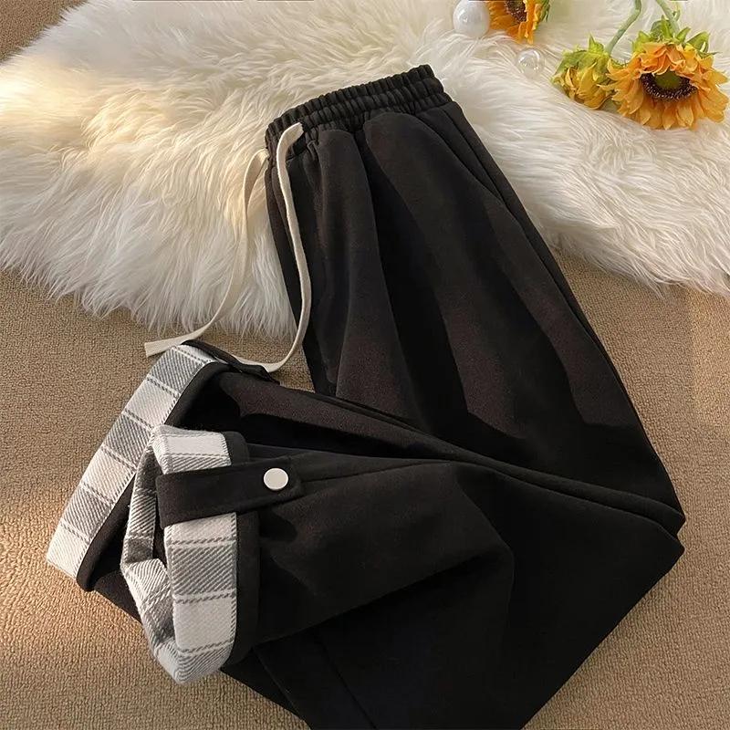 

Wide-legged Men s New Autumn and Winter Elastic High Waist Flip Plaid Straight Loose Casual Pants S