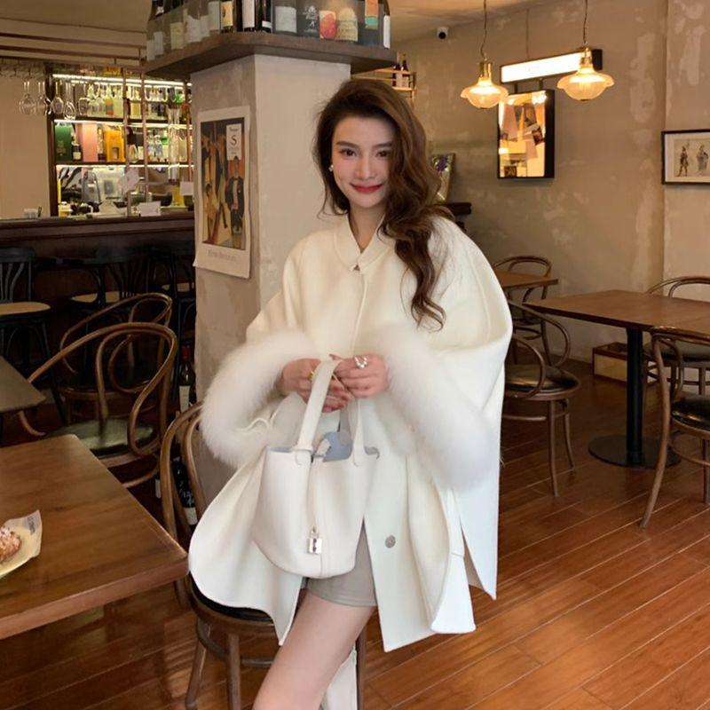 Cape Korean Shawl Wool Coat with Detachable Fur Collar - Women's Small, 2024 Autumn/Winter Fashion