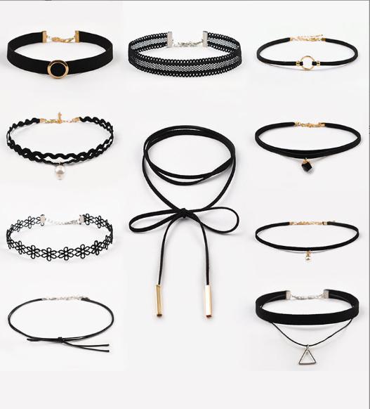 Best Offer 10 Pieces Women Black Rope Choker Necklace Set Velvet Stretch Classic Gothic Lace Choker Chain 1 Set