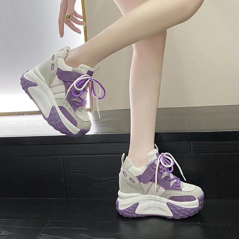 Fashion Women Platform Casual Breathable Leather Shoes New Autumn Chunky Sneakers 10.5CM Wedges Hidden Heels Leisure Sports Shoes Woman