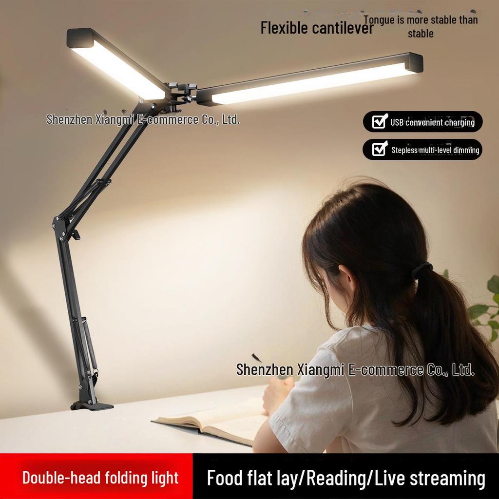 American Style Double-Headed LED Desk Lamp with Clip and Adjustable Long Arm for Overhead Photography and Office Use