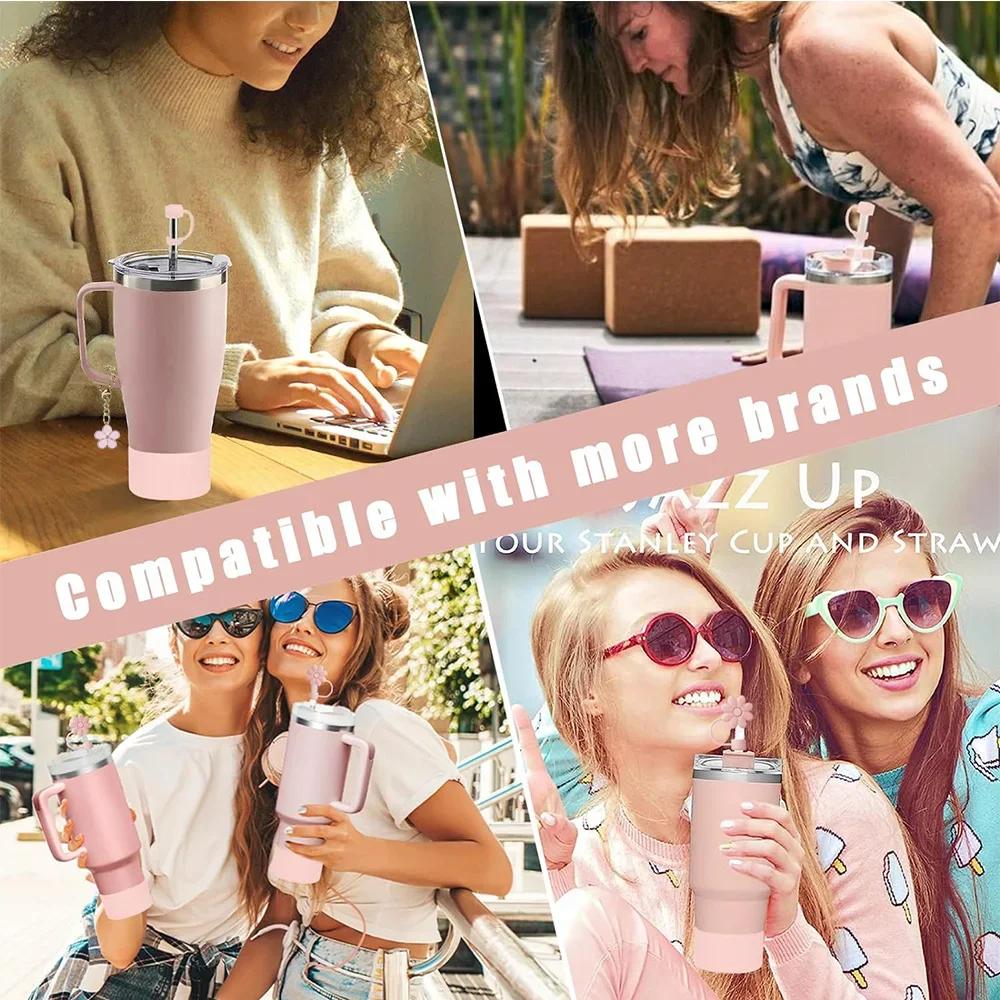 9dílná sada příslušenství 3 zátky proti rozlití Květiny Kryt na brčko Botička 2 brčka a kartáček a 1 řetízek s květinovým přívěskem pro Stanley Cup