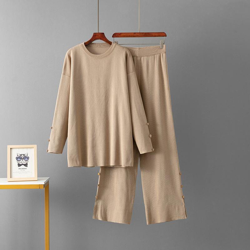 Solid Color Large Size Sweater Set Women's 2025 Autumn and Winter New Round Neck Loose Casual Two-piece Set