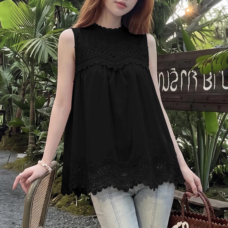 ZANZEA Women Casual Round Neck Loose Lace Splice Summer Sleeveless Tank Tops S чёрный