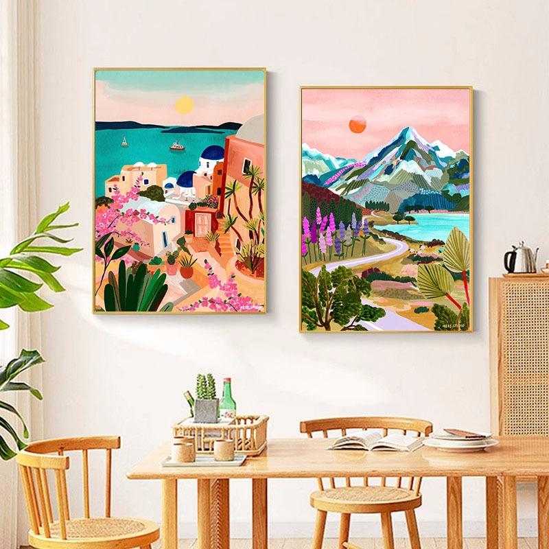 Colorful Travel Mountain City Landscape Art Canvas Painting Prints Poster Nordic Wall Art Pictures for Living Room Decor Mural