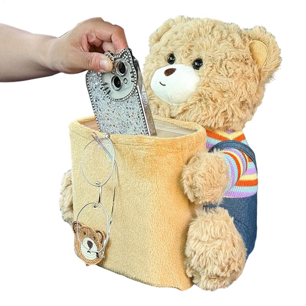 Cute Car Trash Can 2-in-1 Multifunctional Cute Plush Bear Waterproof Auto Storage Truck Trash Can For Home Desk Table Bedside