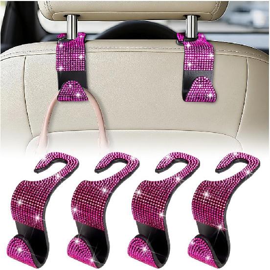 HZEL Bling Car Seat Headrest Hooks, 4PCS Crystal Rhinestone Vehicle Seat Back Hanger Holder for Purses Bag Handbags, Diamond Headrest Storage