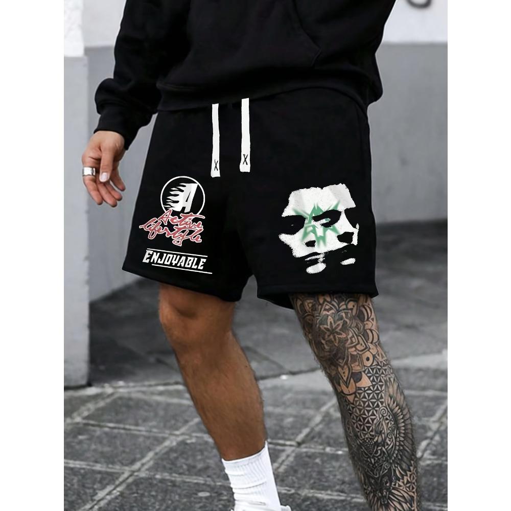 

Trendy Urban Men Printed Casual Shorts Elastic Drawstring Waist Loose Mid Length Daily Bottoms M