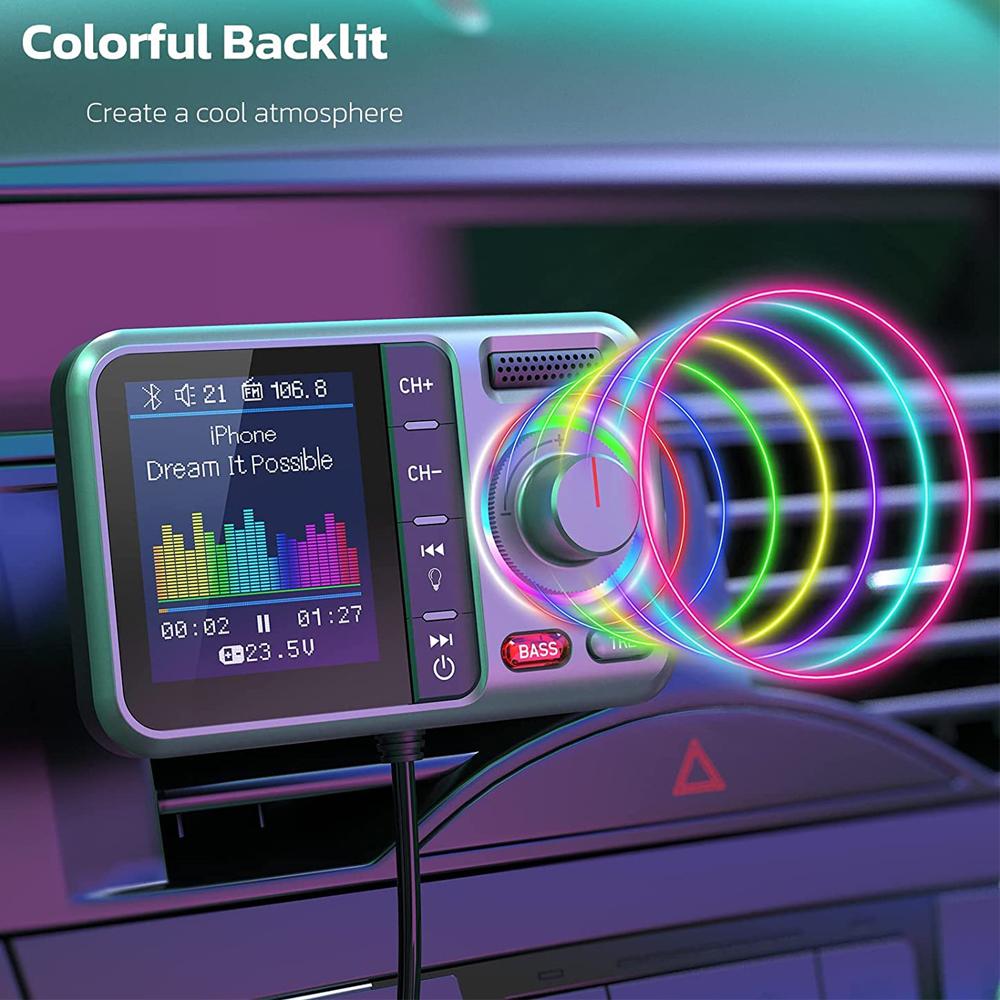 Wireless FM Transmitter 2.4A QC3.0 Dual USB Fast Charging Hands-Free Call Car AUX Adapter MP3 Music Player with Big Color Screen