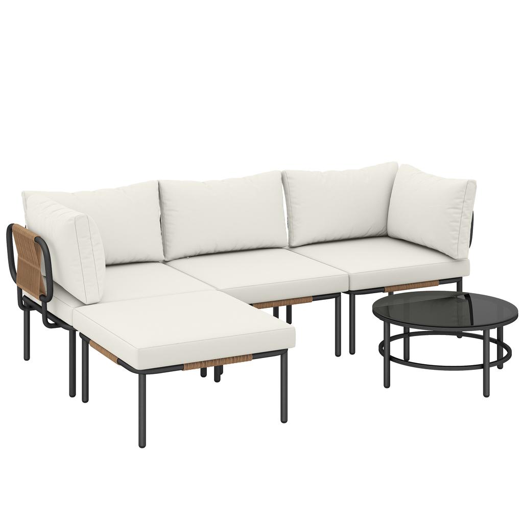 Garden Set 5 Pieces, Modular L Rattan with Cushions, Khaki Color
