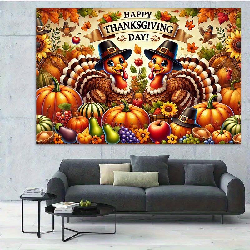 2D Background Banner 1pcs, Happy Thanksgiving, Turkey Pumpkin and Fruits Vibrant Backdrop for Home Party, Wedding