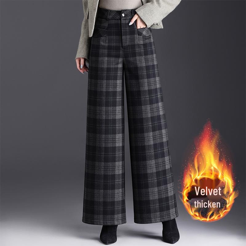 

Woolen Plaid High-Waist Wide-Leg Trousers: 2025 Winter New Arrival, Plus Velvet, Thick Style, Women s Casual Wear. Extra Large