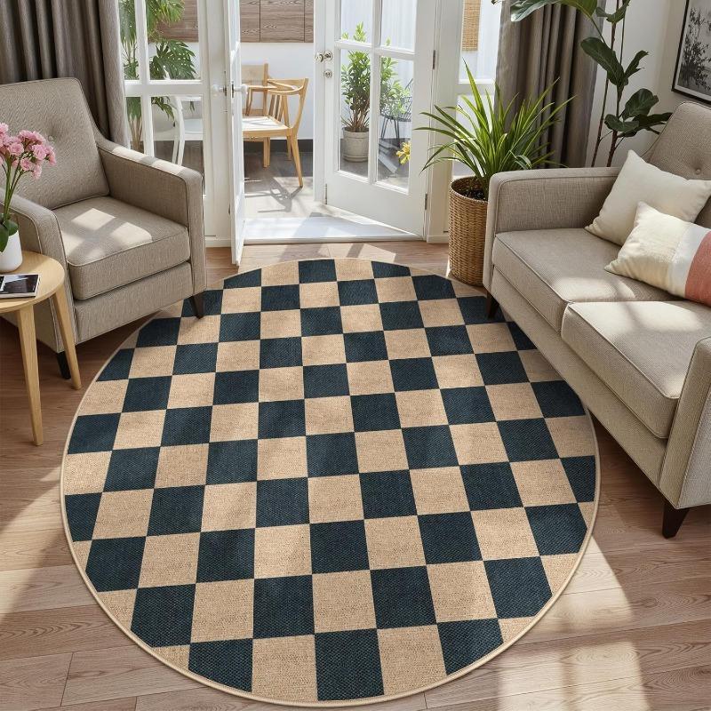 Minimalist Checkerboard Round Carpet Classic Geometric Square Pattern Rug Modern Home Non-Slip Mat for Living Room Decor