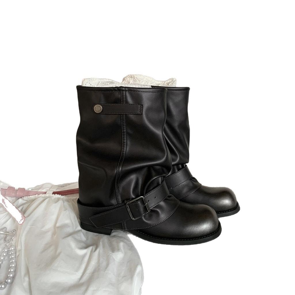 Spot version~ Grape Mom, the same wasteland wind thick bottom heightening and wide tube circumference stacking boots, western short boots for women's