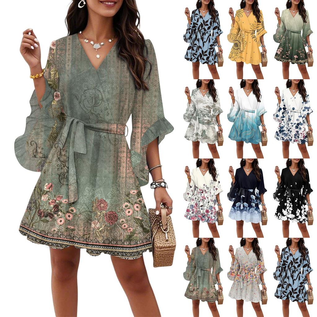 Women's Vintage Printed V-Neck Half Sleeve Corseted Temperament Casual Dress (Belt Included)