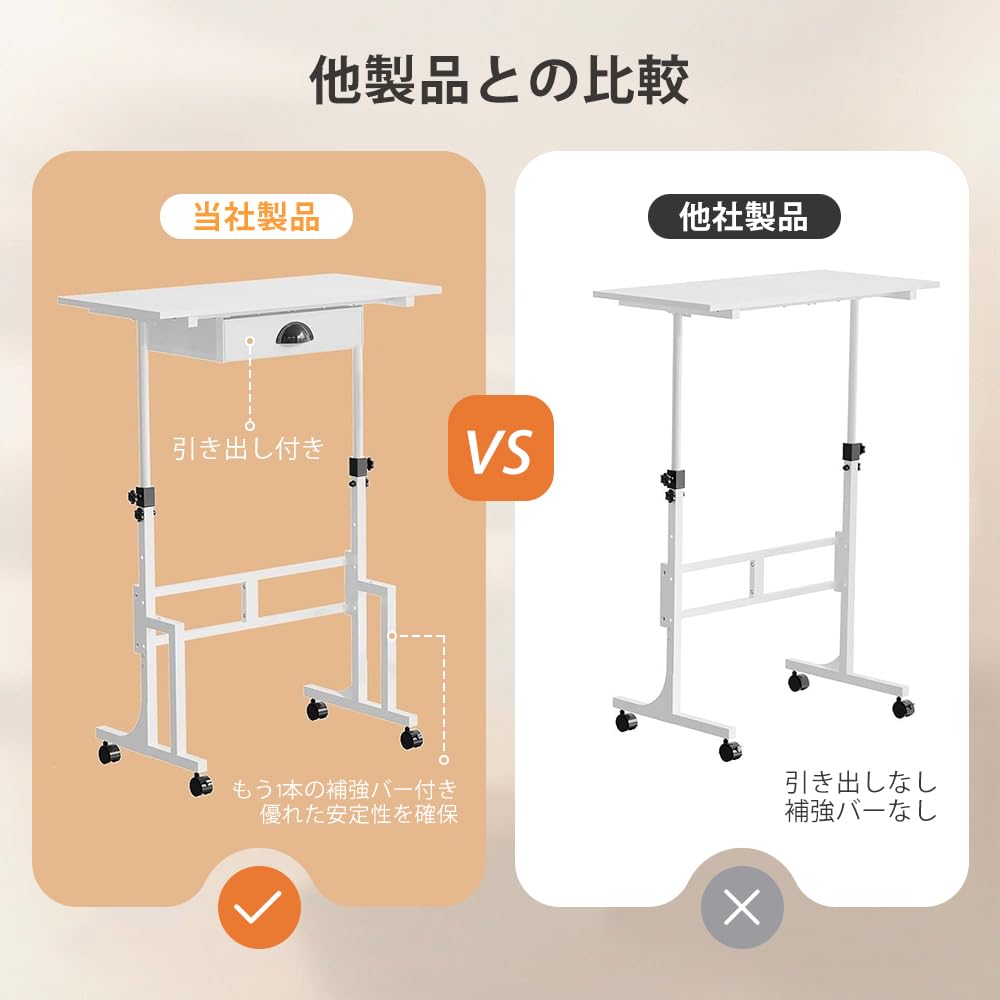 desk with height laptop standing mobile desk with locking ideal for working from and office Height-adjustable casters, 4-level adjustment, drawer,