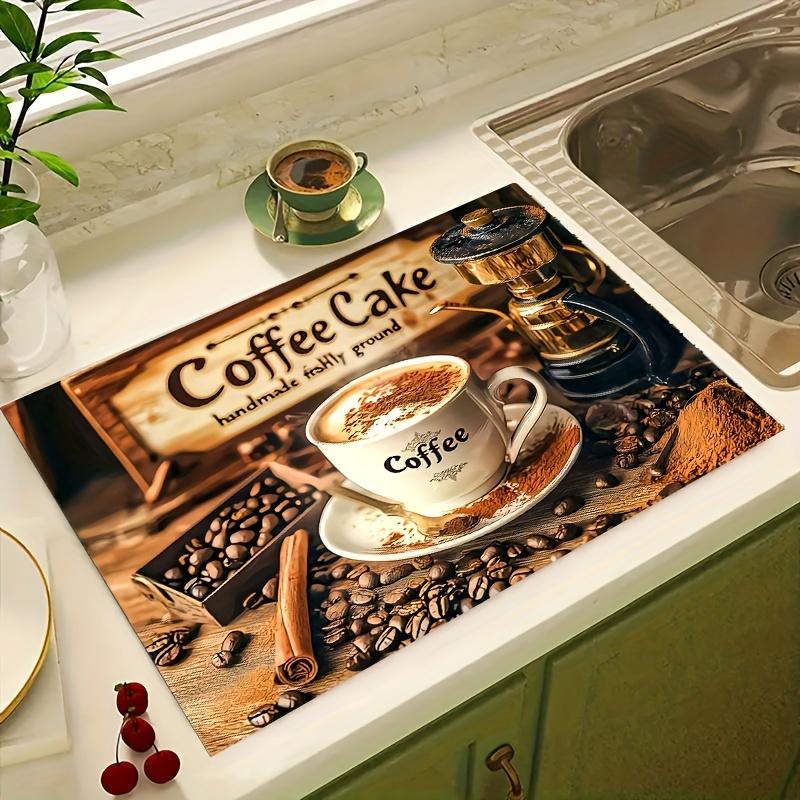 1Pcs Dish Rubber Drying Mat With Coffee Themed Print  For Coffee Shop Restaurant Kitchen Carpet Tableware Durable Diatom Mud Table Mat Coffeeware