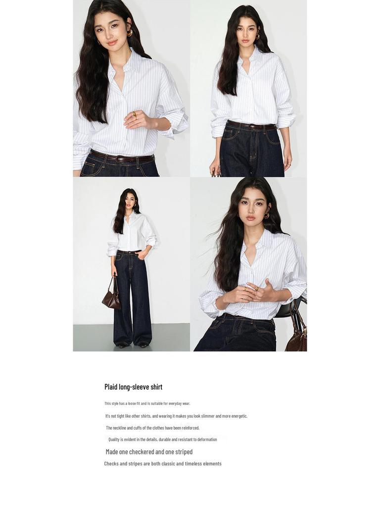 Salt-Toned Striped Long Sleeve Casual Shirt for Women - Spring/Autumn 2026