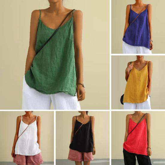 Top da Donna Scollo a V Senza Maniche Canottiere Colore Puro Vestibilità Larga Spalline Sottili Gilet Casual Estivo per Esterno