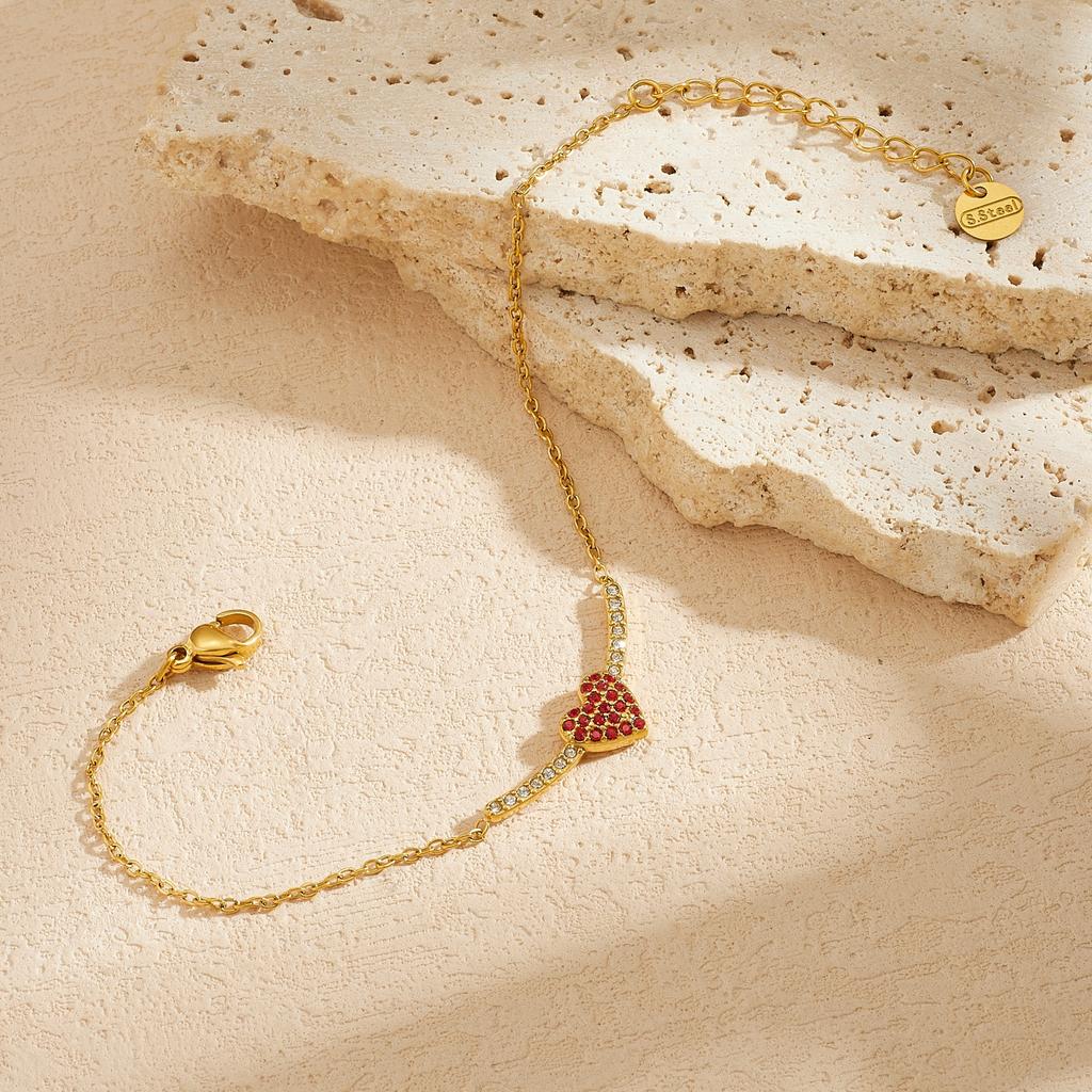 DIEYURO 316L Stainless Steel Gold Plated Red Rhinestone Heart Bracelet Lady Dainty Link Chain Adjustable Charm Hand Chain