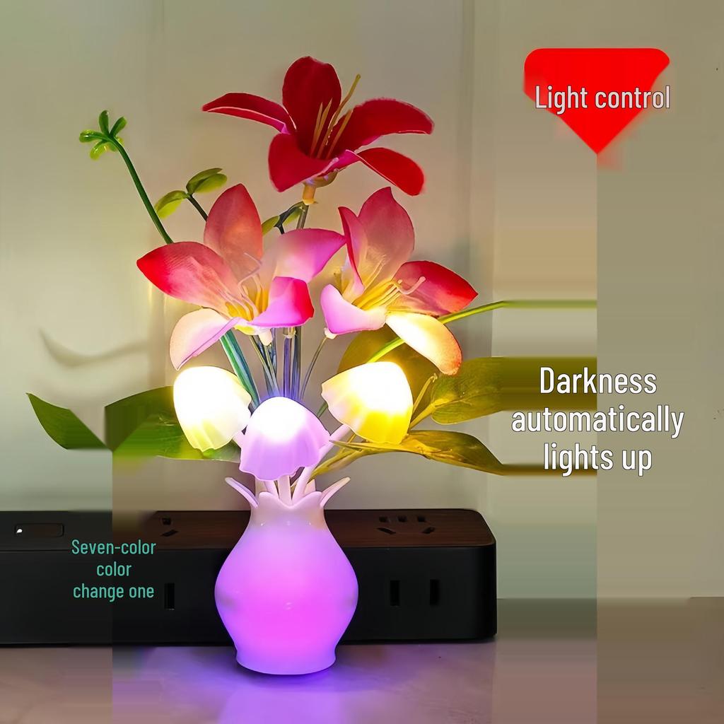 LED Energy-Saving Mushroom Lamp with Colorful Artificial Flowers and Night Light Vase