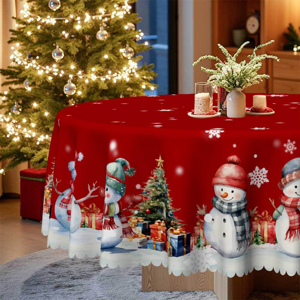 Varm Julröd Bordsduk, Tryck med Snögubbe och Hus, Julbordsarrangemang, Rundbord Fyrkantsbord Universell