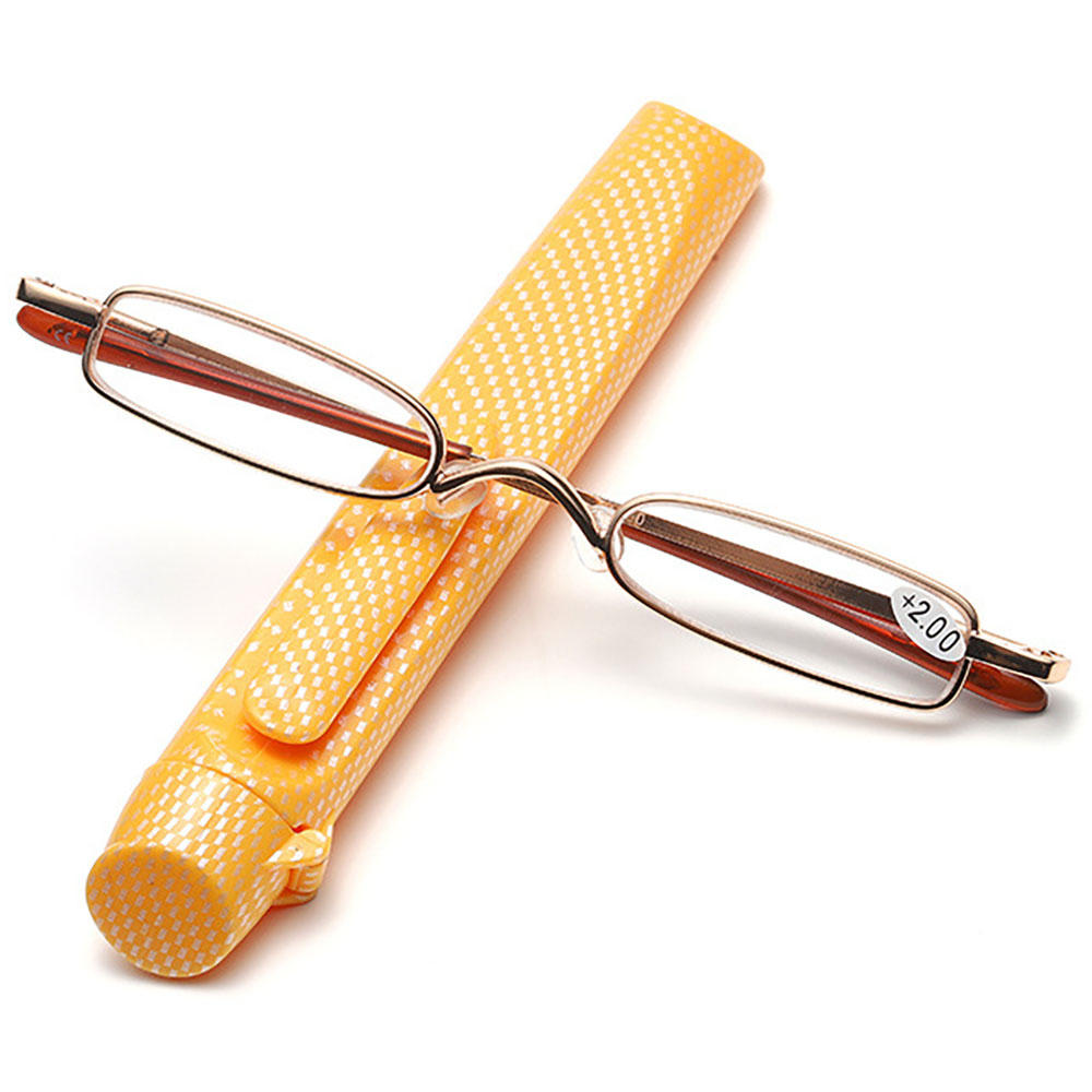 

Портативные увеличительные очки для чтения мужские, узкая металлическая оправа с футляром для ручки, ультратонкие женские очки для пресбиопии +1.0 2 жёлтый