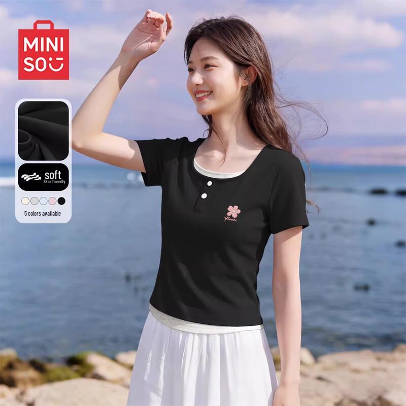 MINISO Women s Fake Two-Piece Slim Fit Short Sleeve T-Shirt M