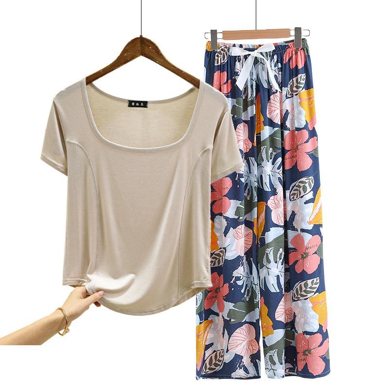 Fashion U Nek Tshirt and Floral Wide leg pants Summer fashion homewear 2pcs suit Loose Casual pajamas set comfort loungewear plus size
