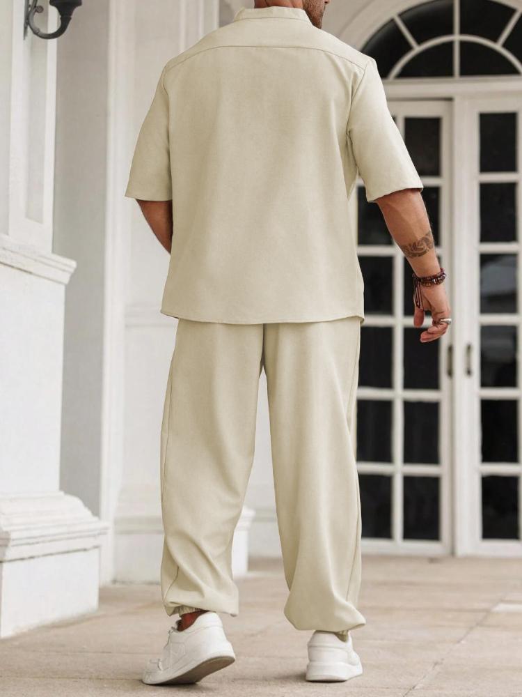 Men's Cotton and Linen Casual Button Up Shirt, Short Sleeved Pants, Solid Color Casual Suit