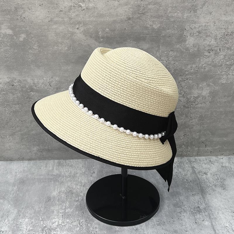 Elegant Delicate Bow Straw Hat Women'S Summer Hepburn Wind Basin Hat Seaside Beach Hat Pearl Chain Bucket Hat
