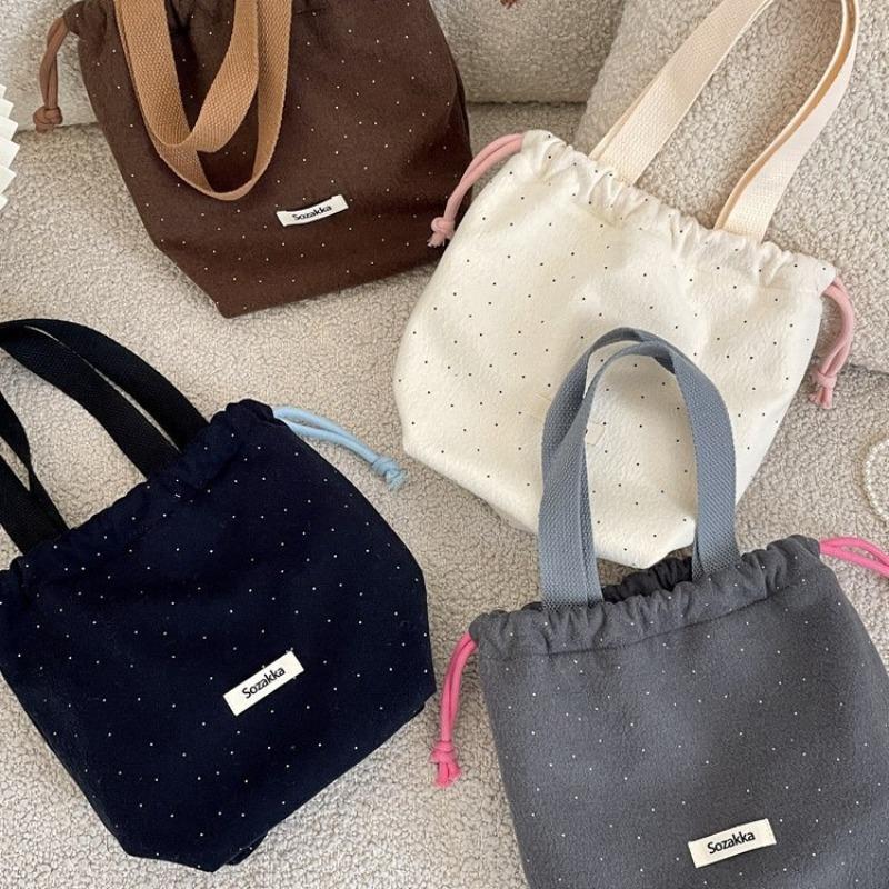 Woolen small polka dot drawstring bundle mouth bag portable small bag going out shopping sundries portable bento bag