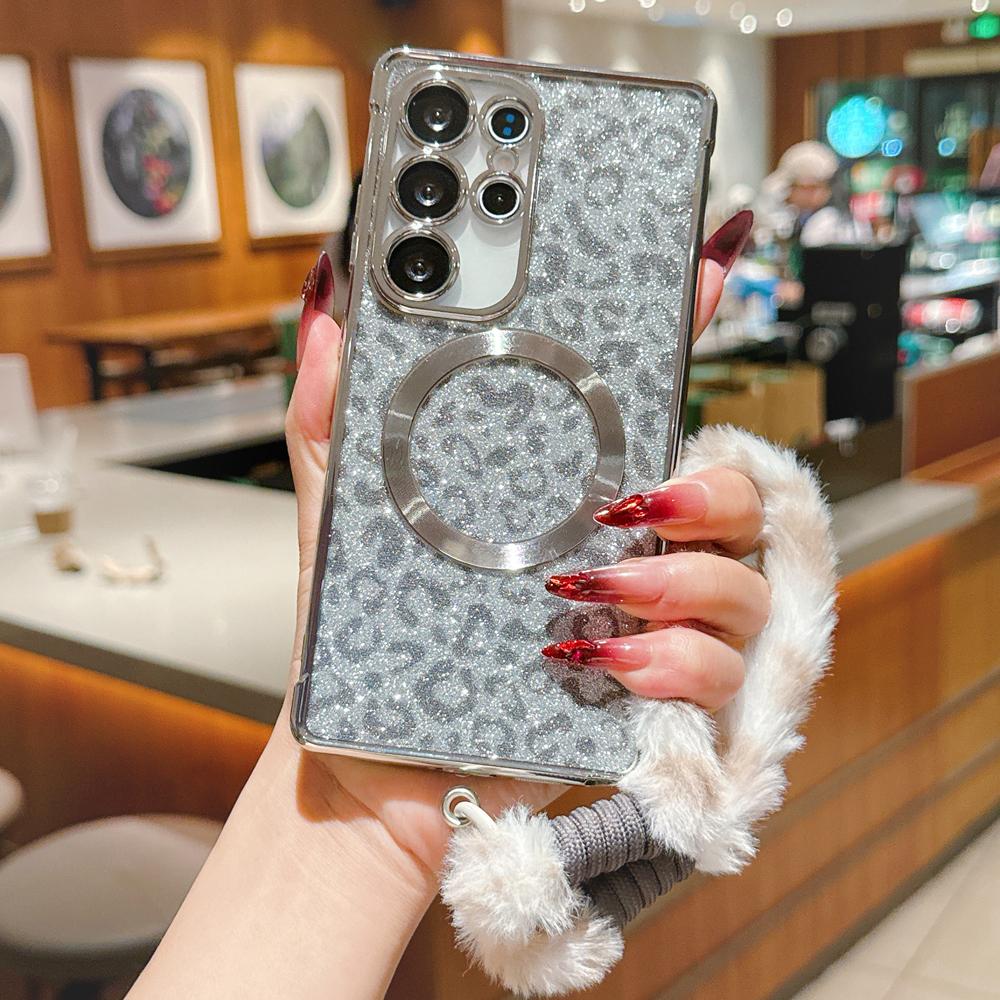 KEYSION Glitter Leopard Print Magnetic Phone Case for Samsung Galaxy S21 S22 S23 S24 S25 S26 Ultra S26+ S25 FE With Plush Lanyard Shockproof Cover