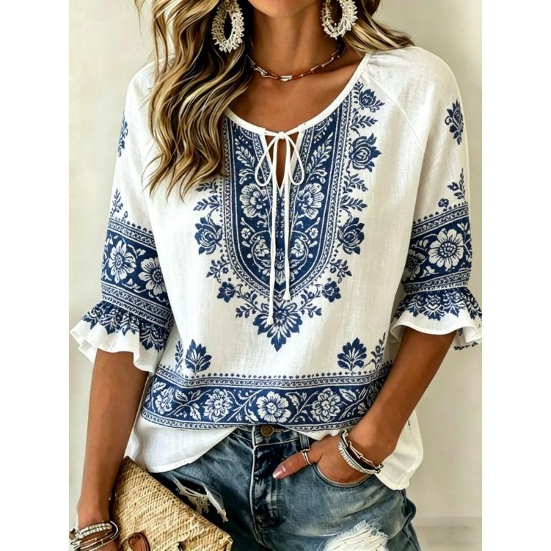 Damen Weiße & Blaue Ethnische Blumenprint-Bluse mit Bindekragen, Lässige Lockere Tops für Frühling Sommer Alltag & Urlaubsanlässe