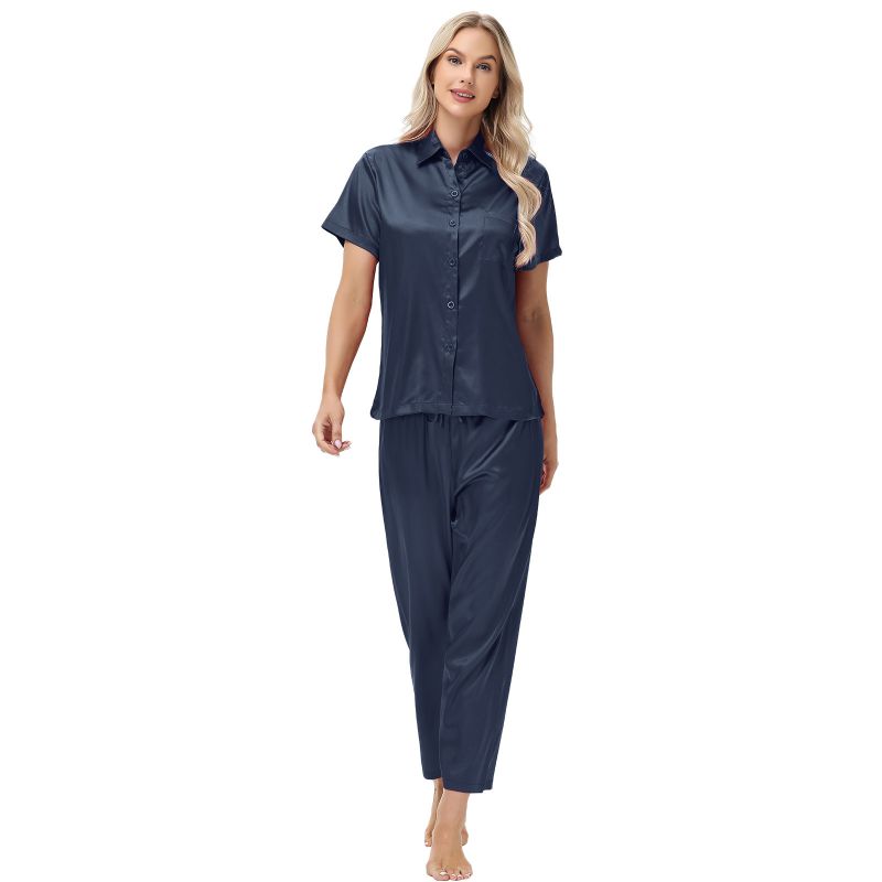 

Women Satin Texture Solid Color Pajama Set Short Sleeve Lapel Button Shirt and Pants Loungewear M