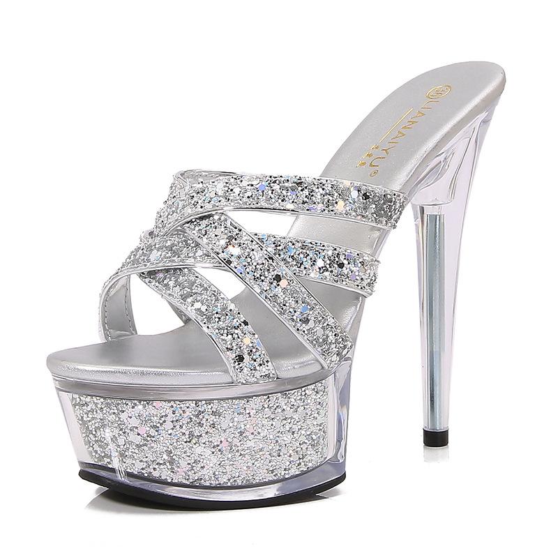 Summer New Transparent Base Heeled Sandals with Cool Crystal Drag Waterproof Sexy High Heels Head Crossband Design