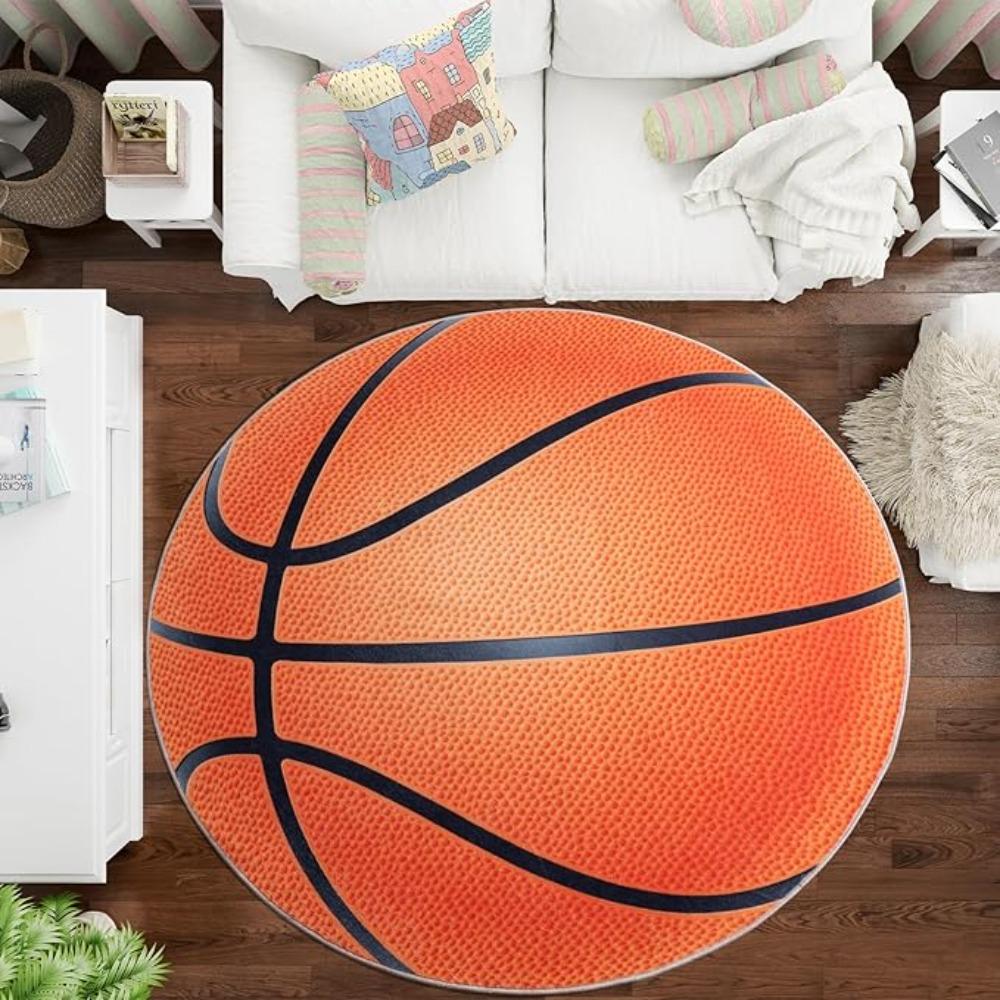 Round Sports Theme Carpet Mat Rug - Soccer Ball Baseball Basketball Patterned Home Decoration for Living Room Kids Room Home Mat