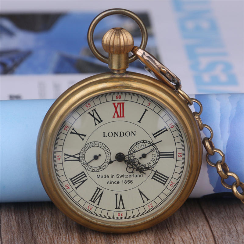 Orologio da tasca meccanico antico di Londra 1856 a 5 lancette con quadrante piccolo, numeri romani, cassa aperta, con catenella, Orologio regalo