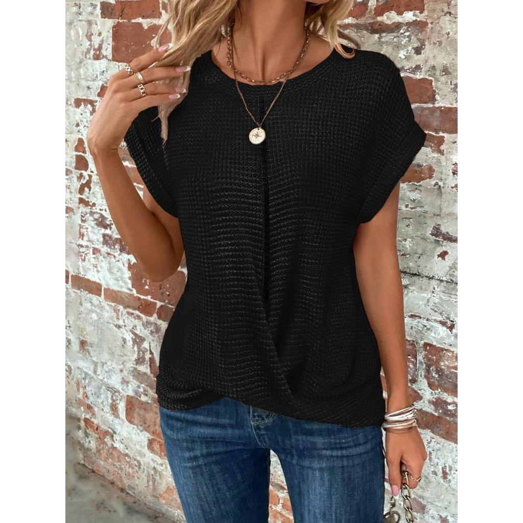 Spring and Summer New Solid Color Round Neck T-shirt Elegant Short Twist Top Women's Clothing