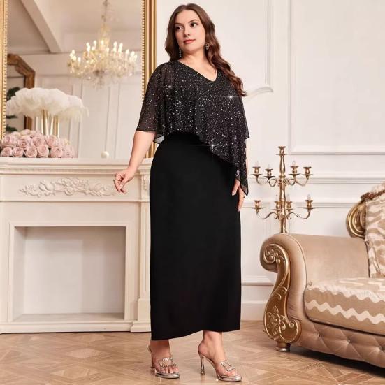 Mother of The Bride Dress for Women V Neck Formal Evening Gown with Chiffon Sequin Overlay Cape Plus Size Wedding Guest Dress