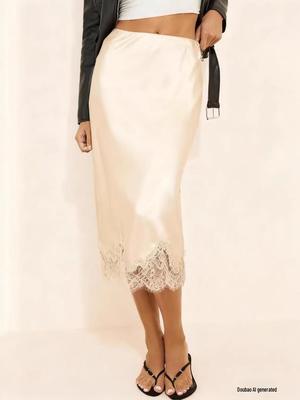 Elegant Women's Lace Patchwork Satin Silk Skirt