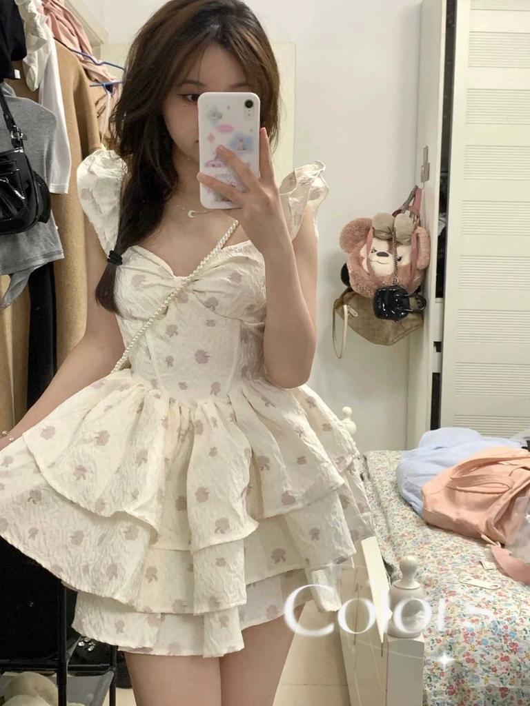 Spring and Summer French Beautiful Sweet Spice Girl Feifei Sleeve Suspender Dress Fairy Dress Waist Fluffy Dress Small Man
