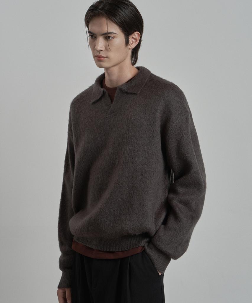 WORK ON BODY OFF Lanugo Semi-Overfit Brush Collar Knit [Charcoal]