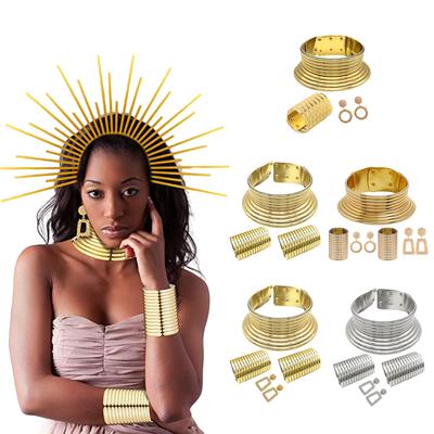 Elegant Tribal Inspired Long Neck Rings Jewelry Set Contemporary Ethnic Long Necked Choker and Earrings Set for Parties