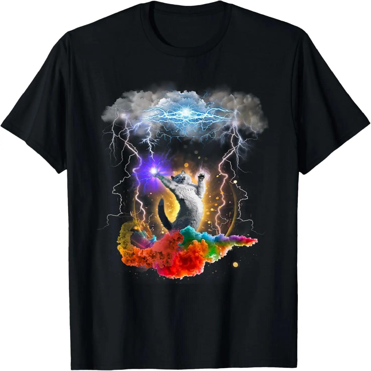 Crazy Space Cat Lightning Rainbow T-Shirt T-Shirt S